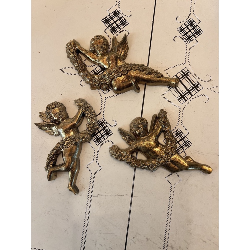 3 Syroco Gold Cherub Angels Hollywood Regency Wall Decor Christmas Victorian USA